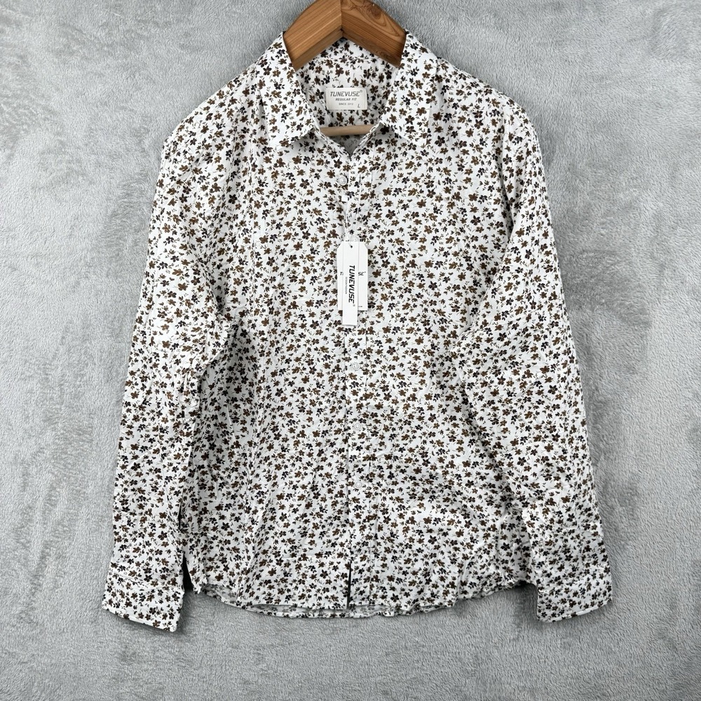 Tunevuse Shirt Mens L White w/ Brown Floral Button Up L/S Cotton Regular Fit NWT